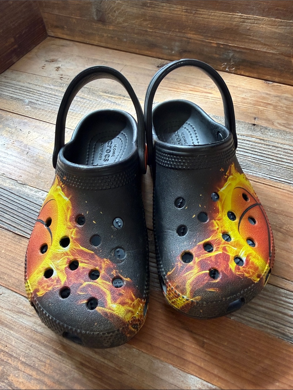 CROCS Kids' Black Clogs with Orange & Yellow Flame Print